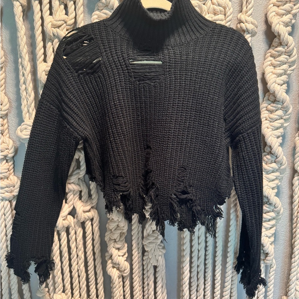 Signature8 Black Distressed Cowl Neck Sweater